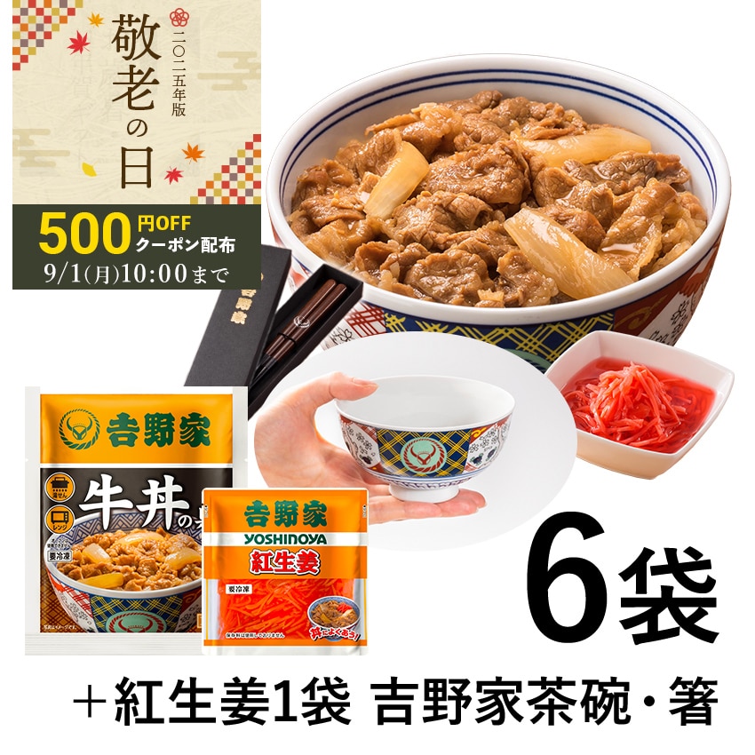 牛丼6袋+紅生姜+吉野家茶碗&お箸セット【冷凍】