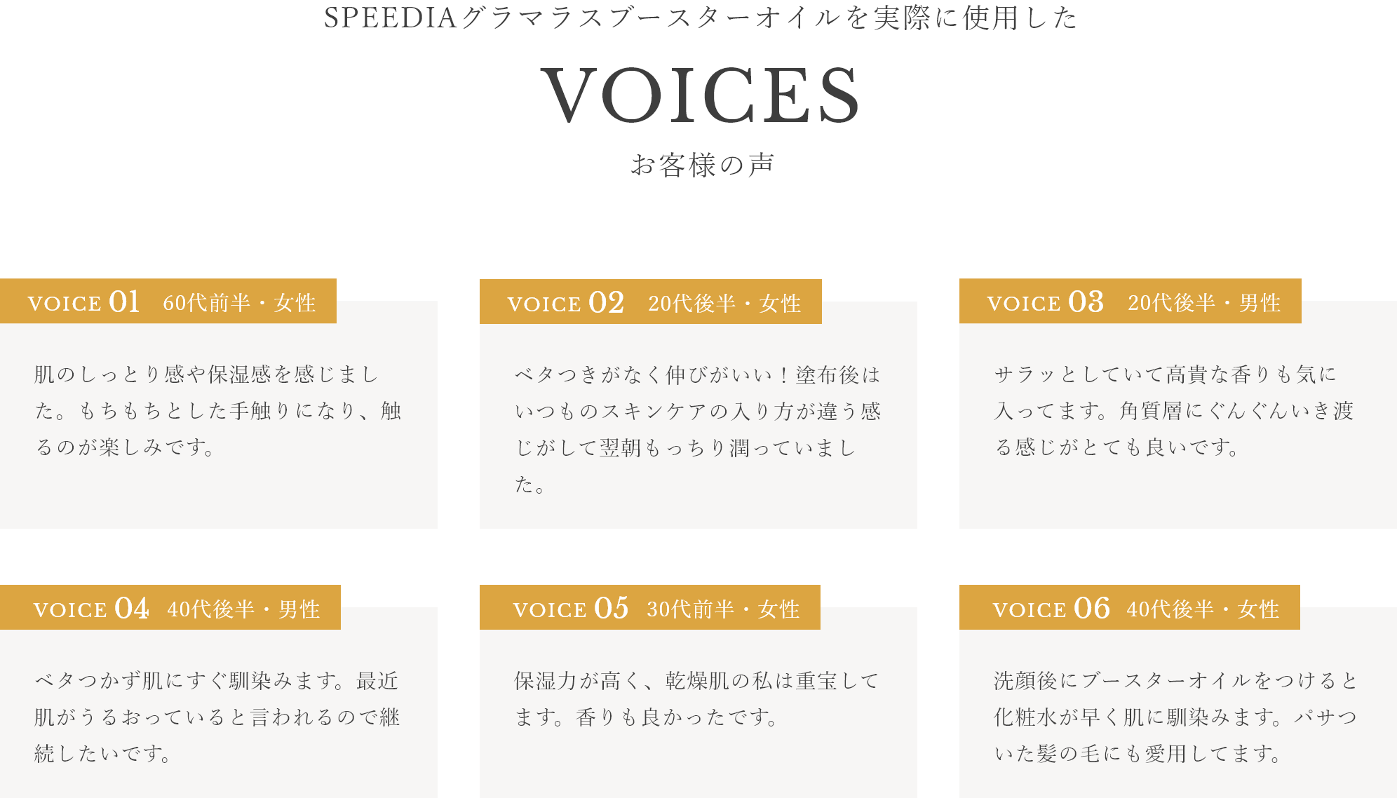 SPEEDIAグラマラスブースターオイルを実際に使用したお客様の声 VOICE01.60代前半・女性 肌のしっとり感や保湿感を感じました。もちもちとした手触りになり、触るのが楽しみです。 VOICE02.20代後半・女性 ベタつきがなく伸びがいい！塗布後はいつものスキンケアの入り方が違う感じがして翌朝もっちり潤っていました。 VOICE03.20代後半・男性 サラッとしていて高貴な香りも気に入ってます。角質層にぐんぐんいき渡る感じがとても良いです。 VOICE04.40代後半・男性 ベタつかず肌にすぐ馴染みます。最近肌がうるおっていると言われるので継続したいです。 VOICE05.30代前半・女性 保湿力が高く、乾燥肌の私は重宝してます。香りも良かったです。 VOICE06.40代後半・女性 洗顔後にブースターオイルをつけると化粧水が早く肌に馴染みます。パサついた髪の毛にも愛用してます。